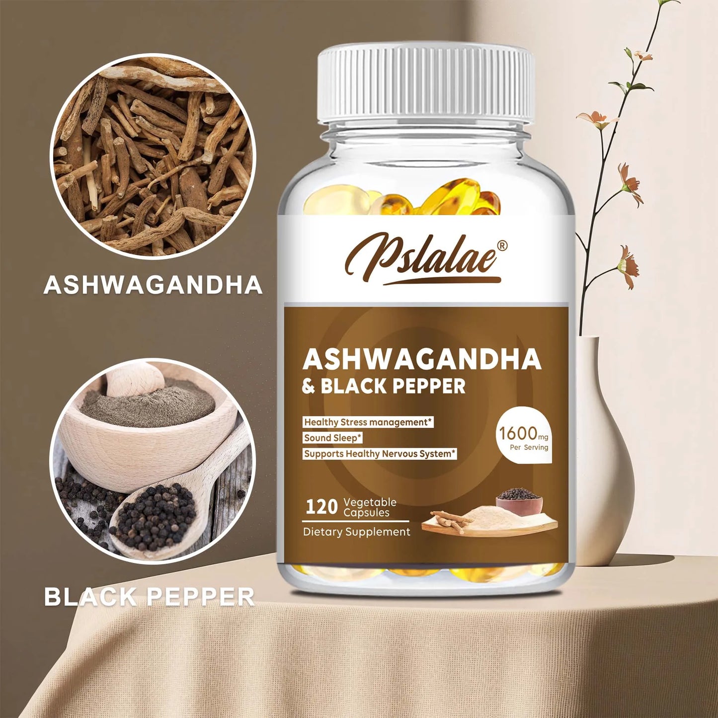 Organic Ashwagandha 1600mg - Stress Relief, Mood, Energy and Thyroid Support Supplement - 120 Capsules