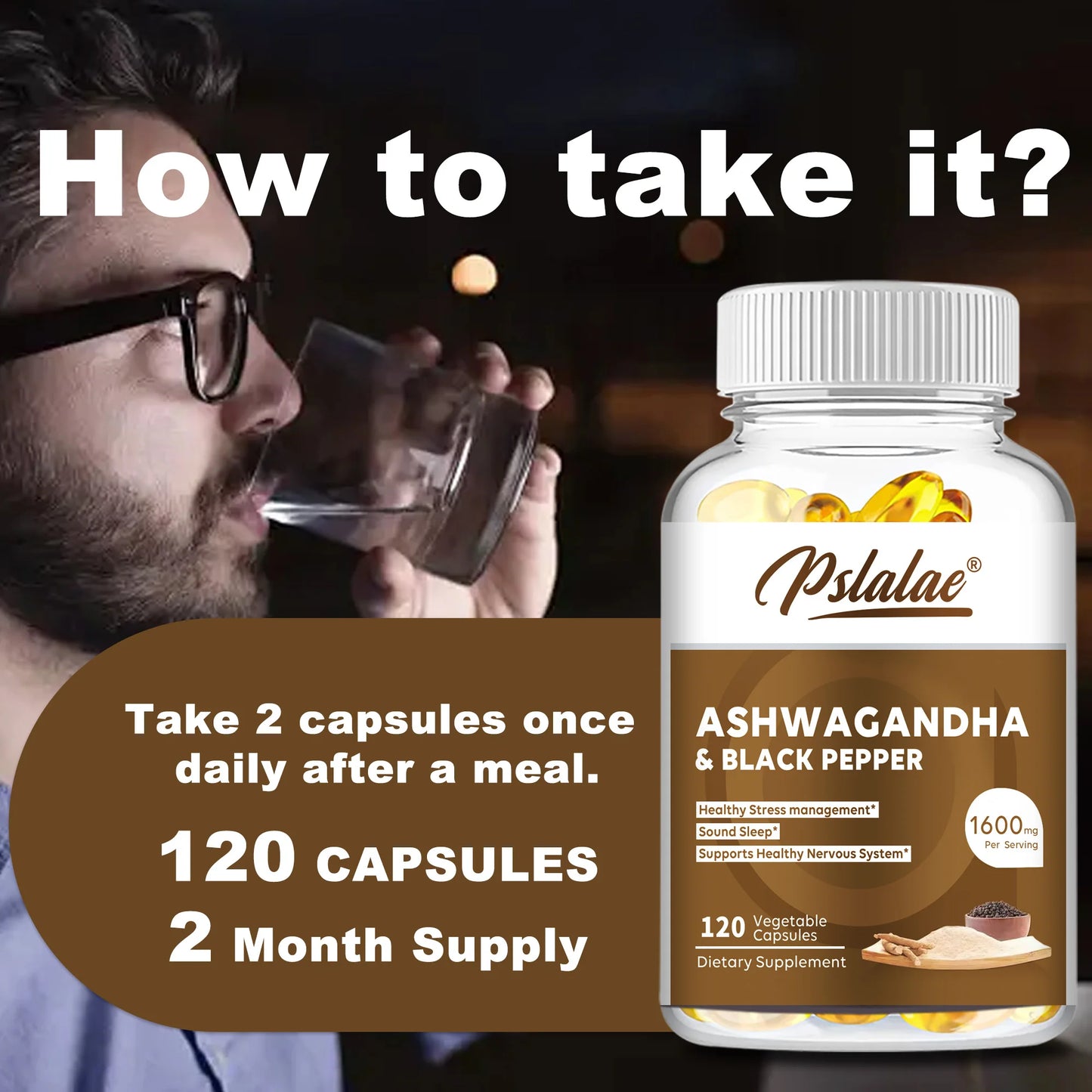 Organic Ashwagandha 1600mg - Stress Relief, Mood, Energy and Thyroid Support Supplement - 120 Capsules