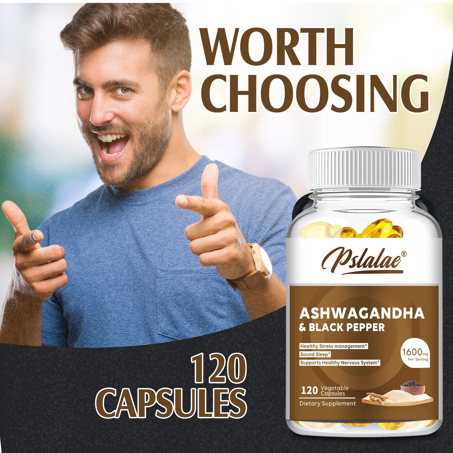 Organic Ashwagandha 1600mg - Stress Relief, Mood, Energy and Thyroid Support Supplement - 120 Capsules