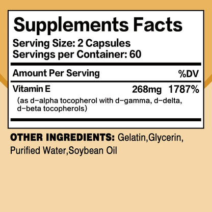 Vitamin E 268mg - Brightens The Complexion, Tightens The Skin, Reduce Wrinkles, Anti-aging, Antioxidant - 120 Capsules