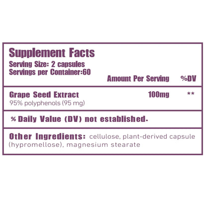 Grape Seed Extract - Powerful Antioxidant & Anti-Aging, Maintains Healthy Skin and Veins, Brighten Skin Tone - 120 Capsules